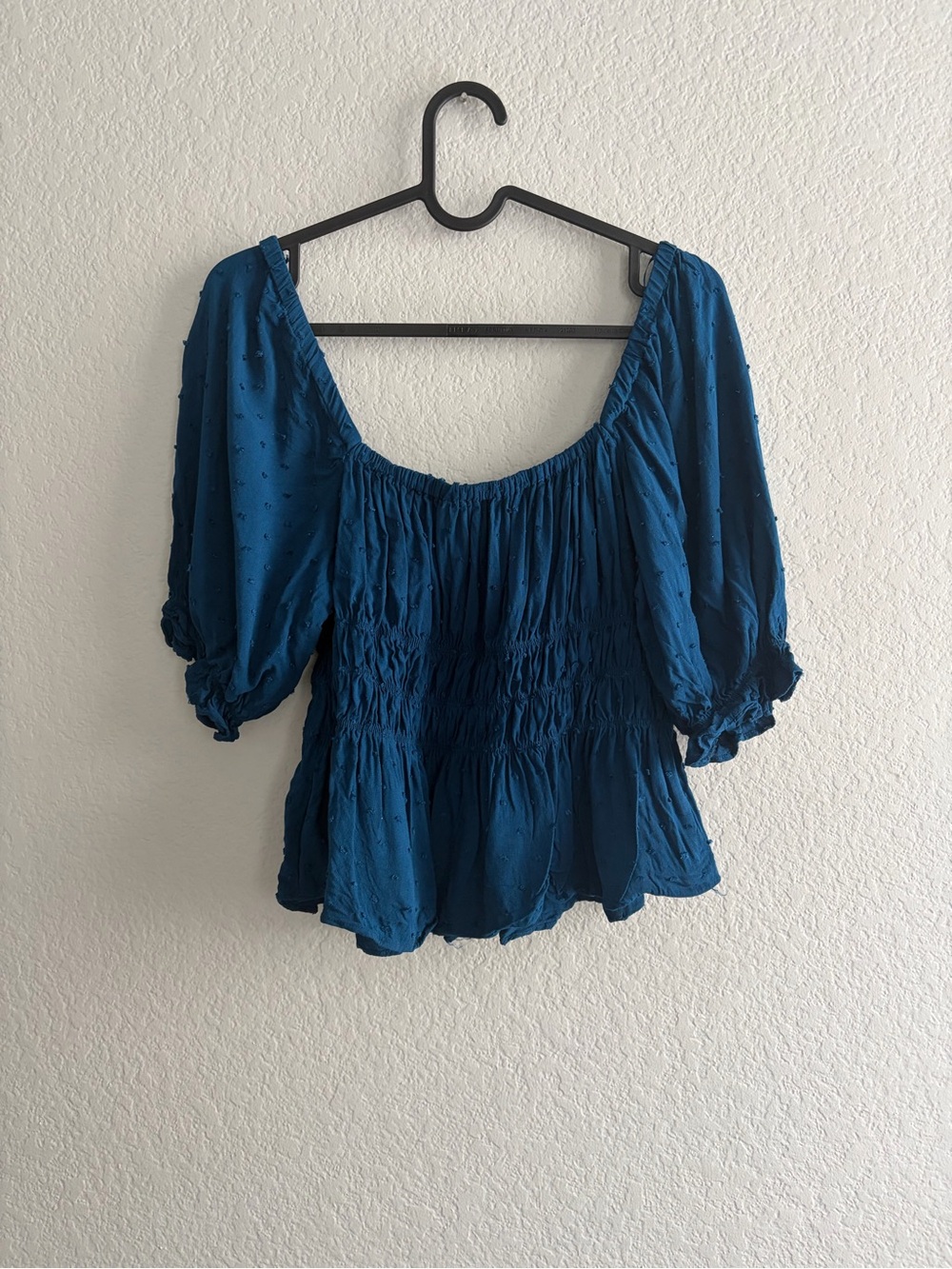 nine britton Teal Blue Smocked Peasant Top with Puff Sleeves
